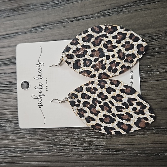Nicole Lewis Jewelry - Leopard Design on Leather Leaf Shaped Earrings